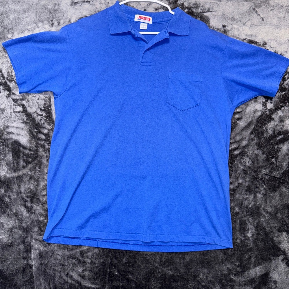 Vintage‎ Jerzees American Active Wear Blue Polo Shirt XL Made in USA Pocket Tee